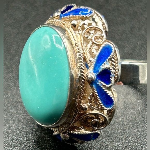 #1 Vintage Sleeping Beauty Turquoise Ring, 925 Silver with Enamel Accents SZ 7 - Picture 7 of 10